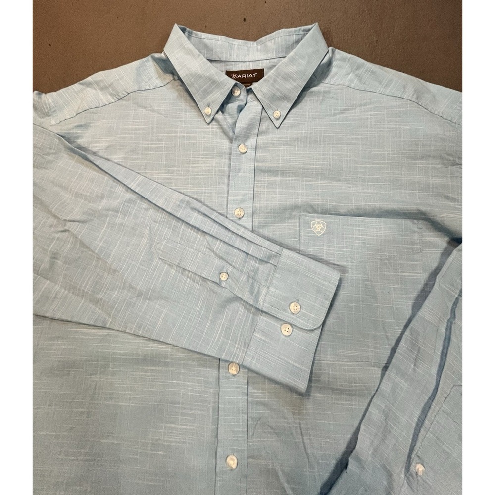 Ariat Men's XXL Cotton LS Button Down Shirt Blue Western Textured Logo